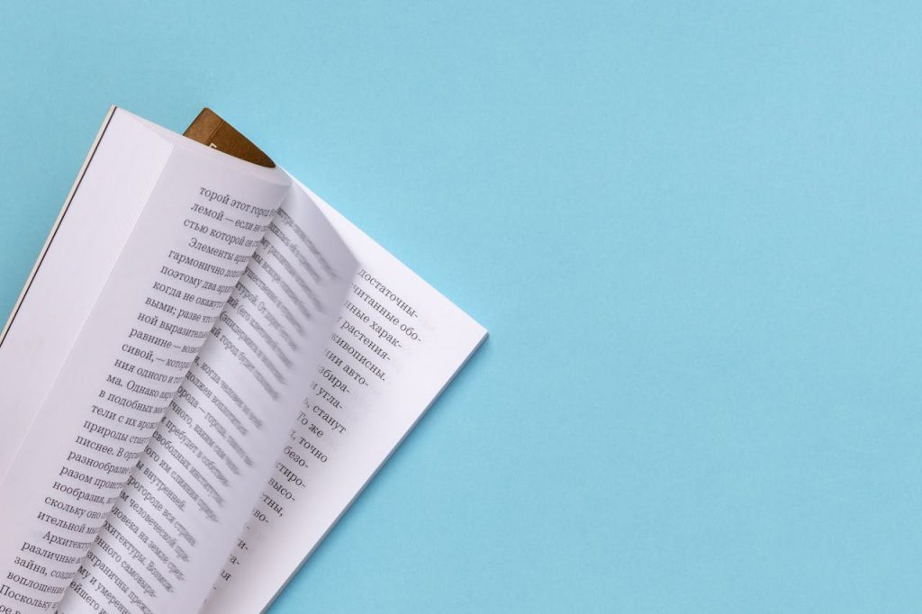 Open book with Russian text on a light blue background, minimalist composition.